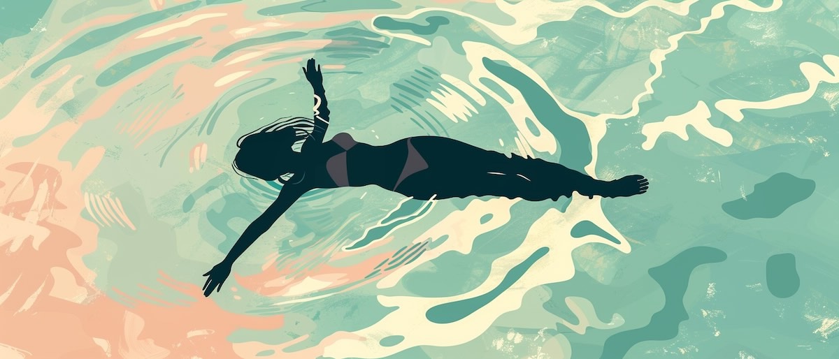 A cartoon silhouette of a woman floating in water